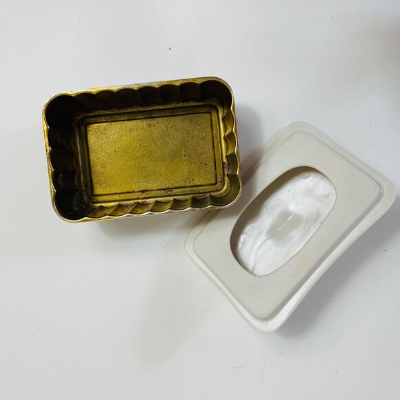 MCM Atomic Style Trinket Box Ridged Brass Base Ceramic Lid O Ring Handle Decor - Picture 13 of 13